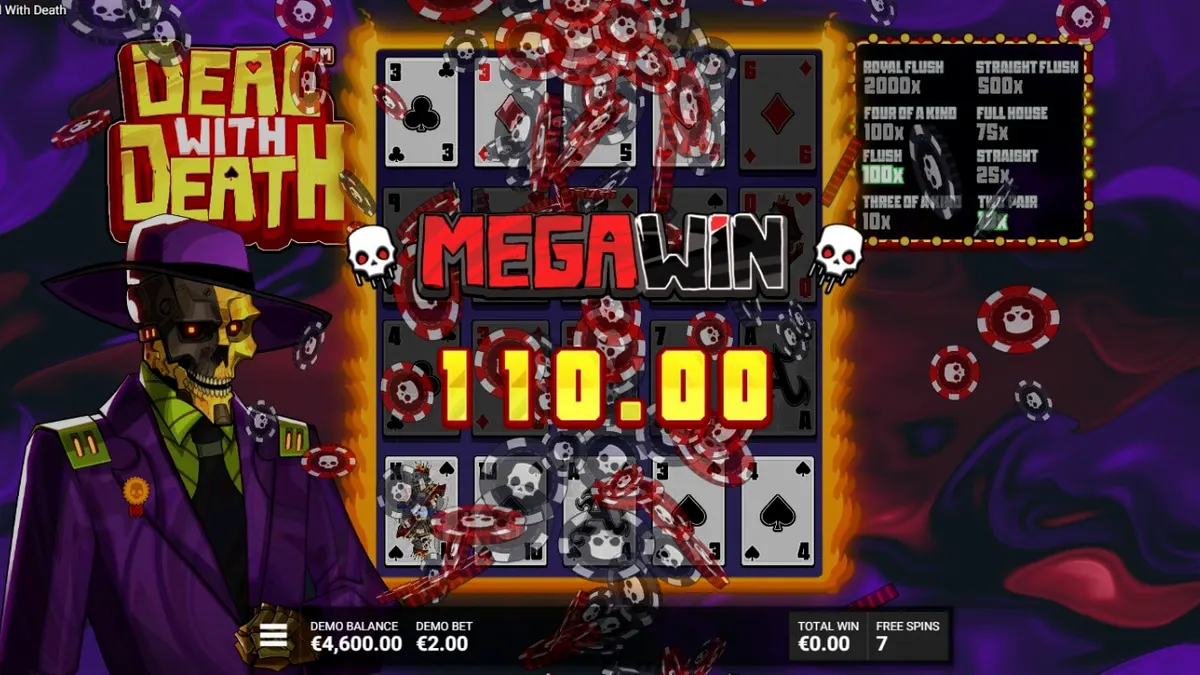Isang futuristic na disenyo ng slot machine na nagtatampok ng skeletal croupier sa Deal With Death.