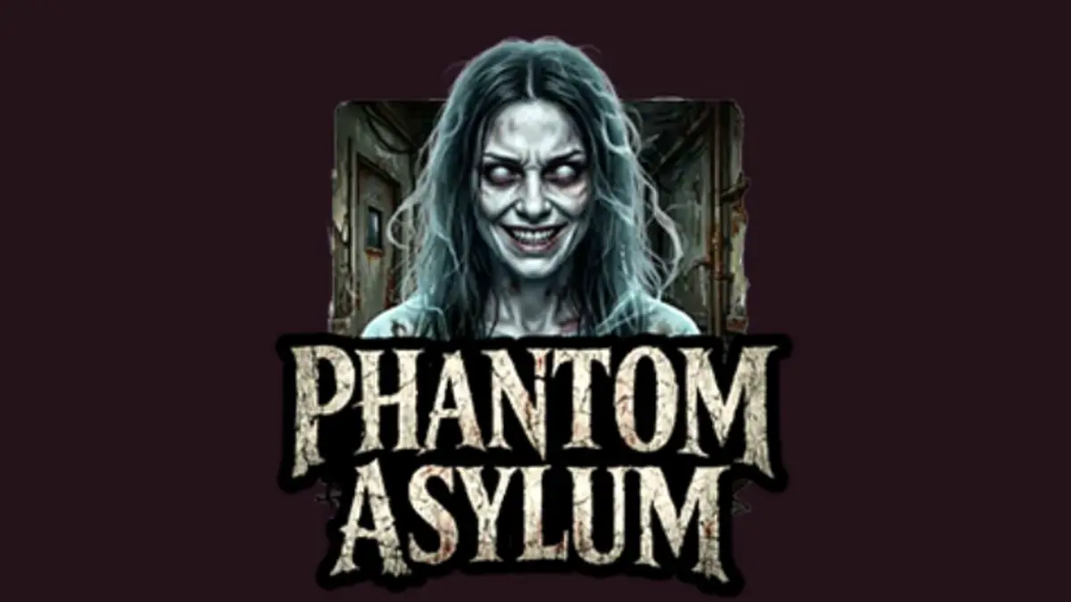 Isang madilim at nakakatakot na eksena mula sa Phantom Asylum slot na nagpapakita ng mga simbolo ng psychiatric gear at mga anino sa isang mental institution.