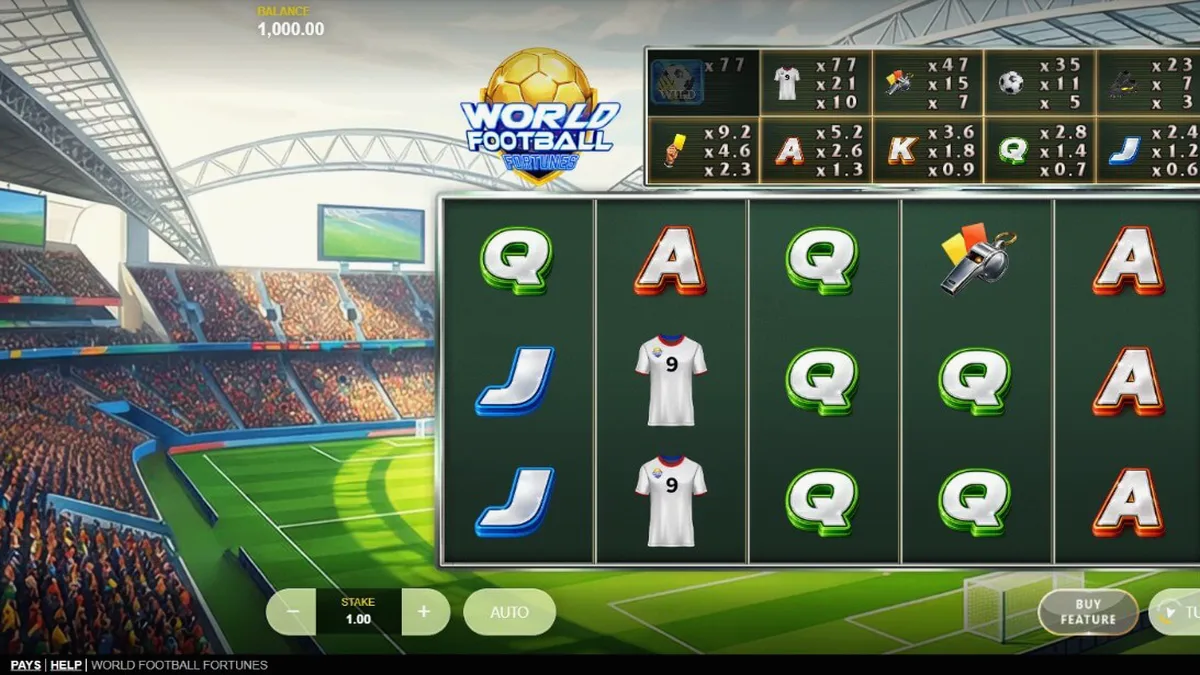 World Football Fortunes slot gameplay sa isang stadium background