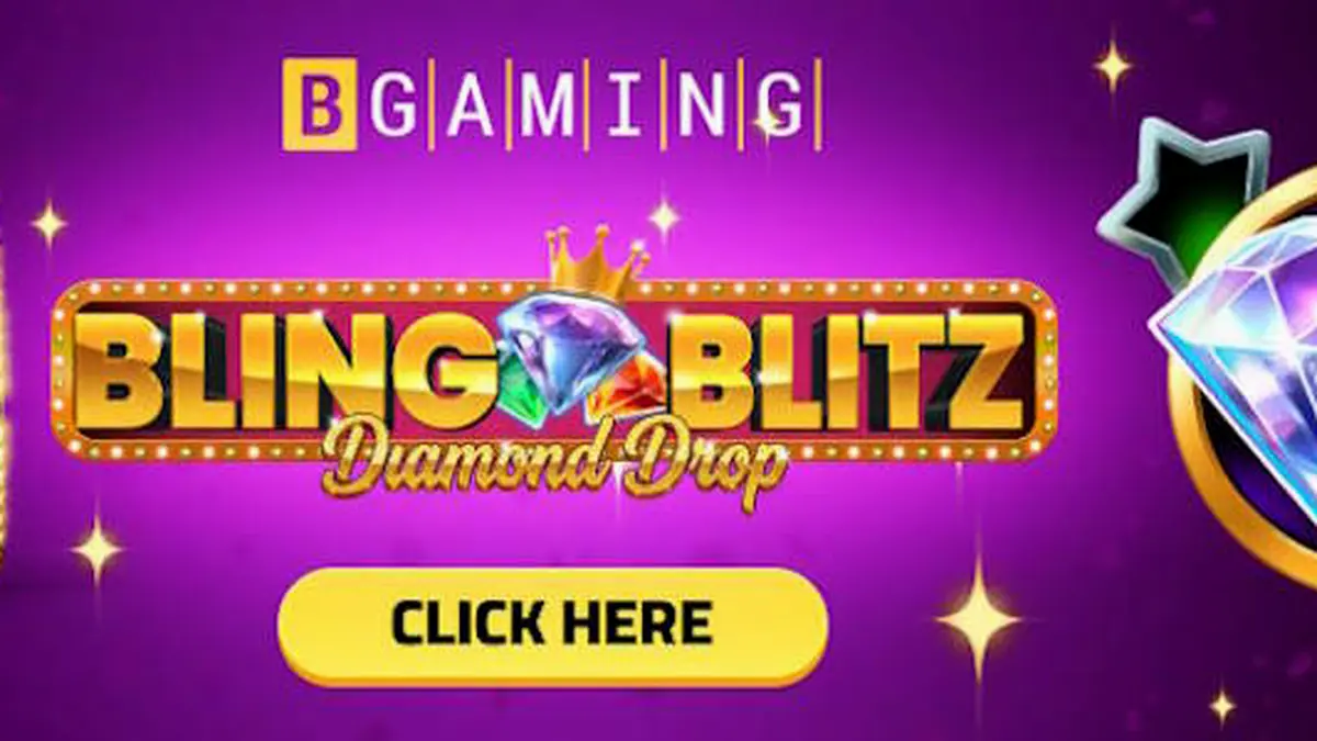 Isang makinang na diamond chest sa loob ng Bling Blitz Diamond Drop slot.
