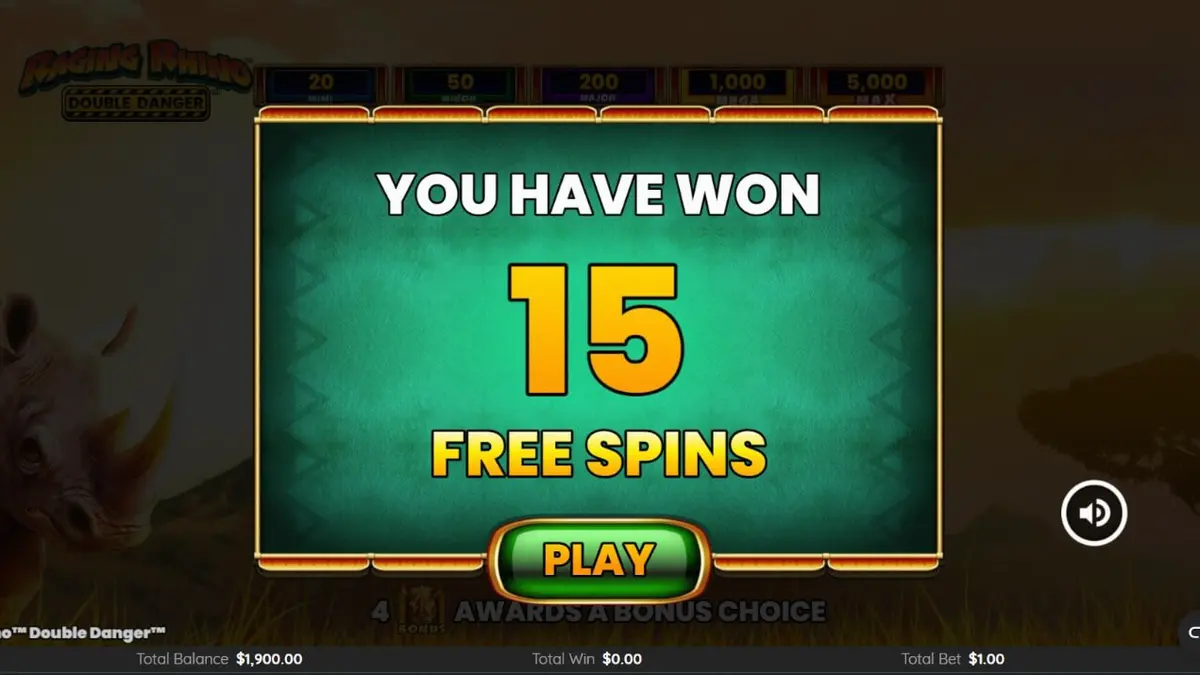 Raging Rhino Double Danger slot game screen na nagpapakita ng African savannah theme.