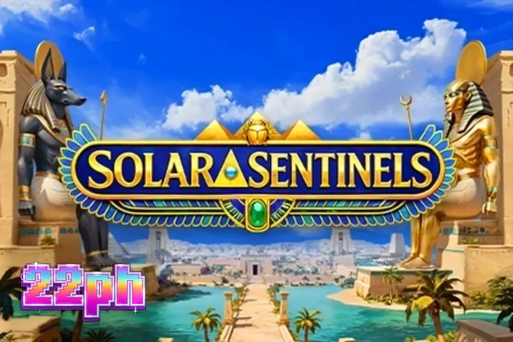 Isang cinematic na view ng Solar Sentinels slot na nagtatampok ng mga estatwa ng Anubis at mga gintong simbolo ng Ehipto.